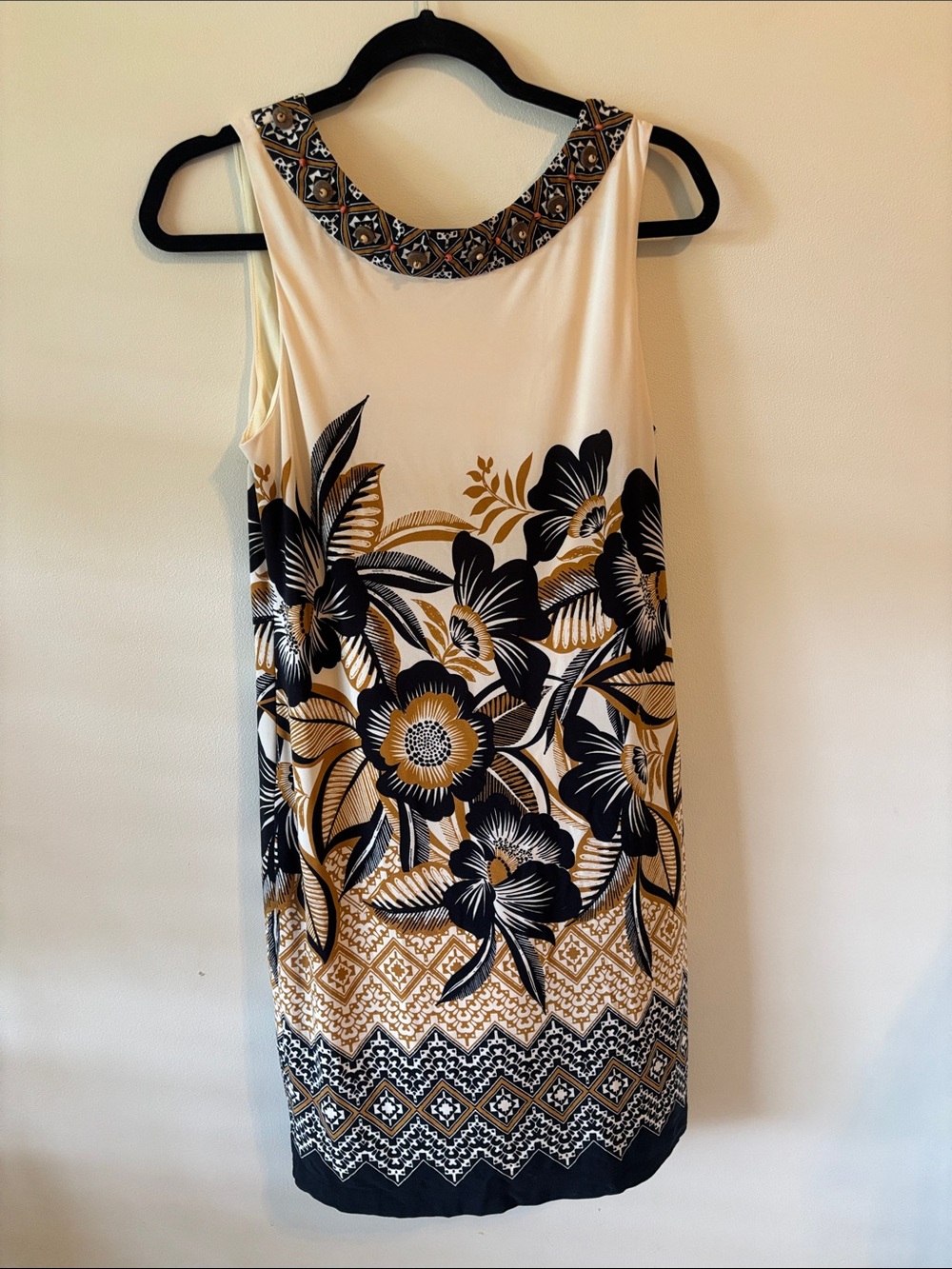 Musette Floral Border Sleeveless Mini Dress in Cream, Black & Gold